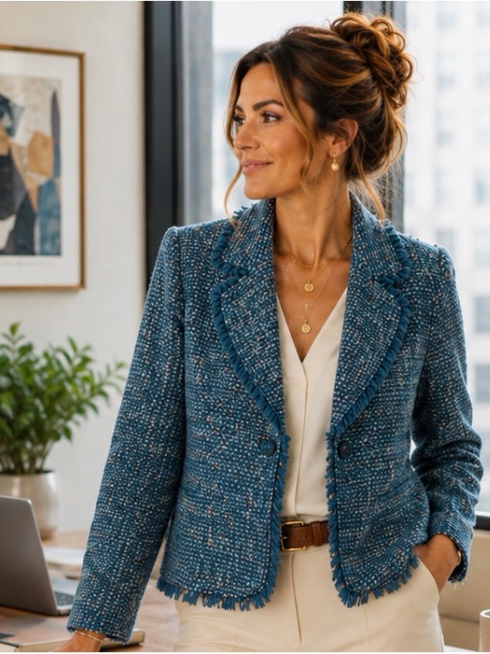 Positive Attitude Tweed Fringe Blazer Jacket Classic Preppy Office